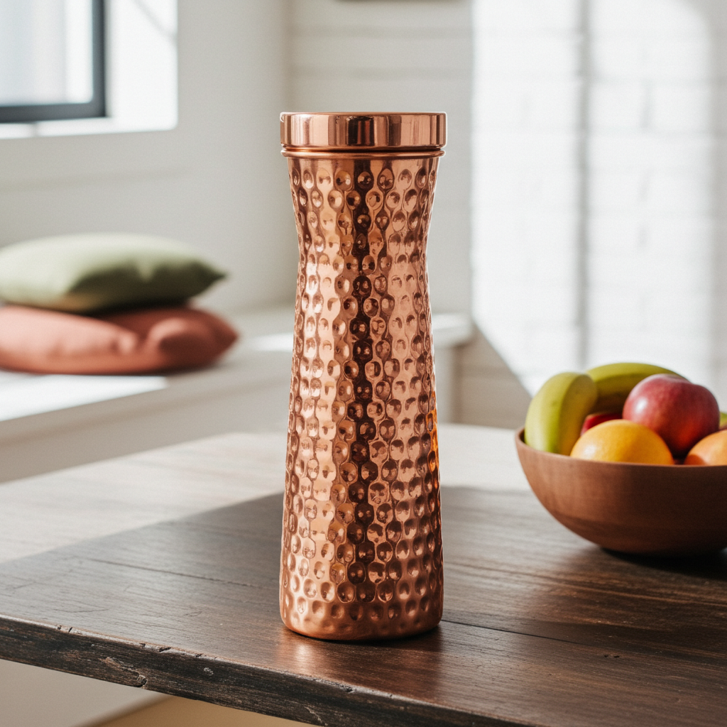 Gehamerde koperen karaf met beker, 1,1 liter