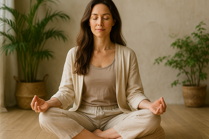 Sie sitzt halb mit dem Gesäß auf dem Meditationskissen. Die zur Meditation verschränkten Beine ruhen auf dem Boden davor.