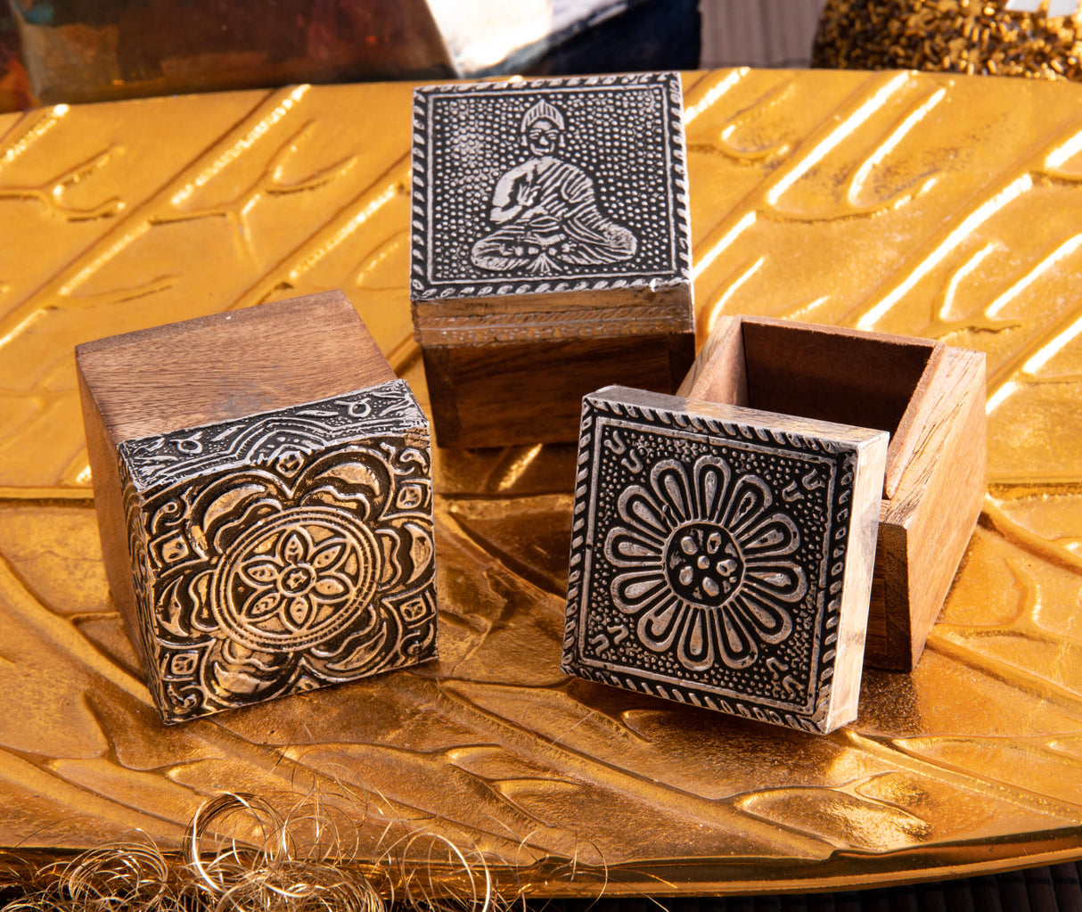Holzboxen silber aus Mangoholz, 3er Set - YOGISHOP
