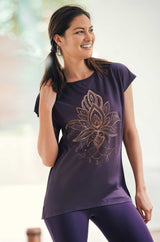 T-shirt de yoga à manches chauve-souris « fleur céleste » - baies/cuivre
