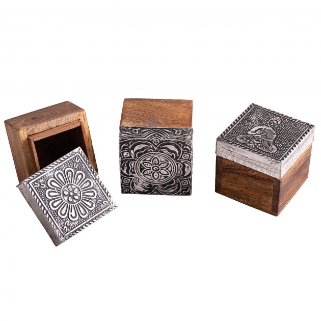 Holzboxen silber aus Mangoholz, 3er Set 