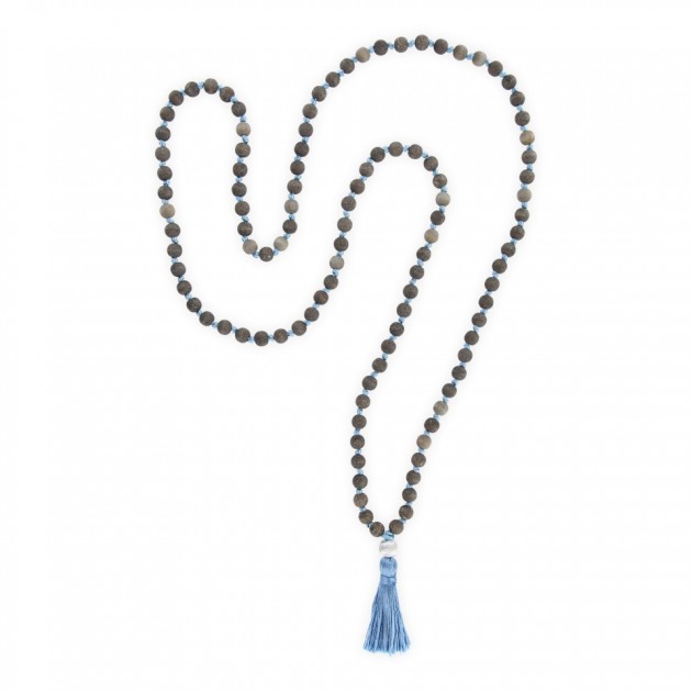 Mala necklace "Vintage" - wood grey, tassel blue, bead silver Wood grey, tassel blue, bead silver